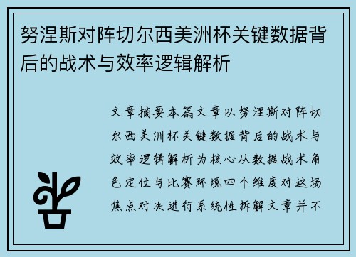 努涅斯对阵切尔西美洲杯关键数据背后的战术与效率逻辑解析